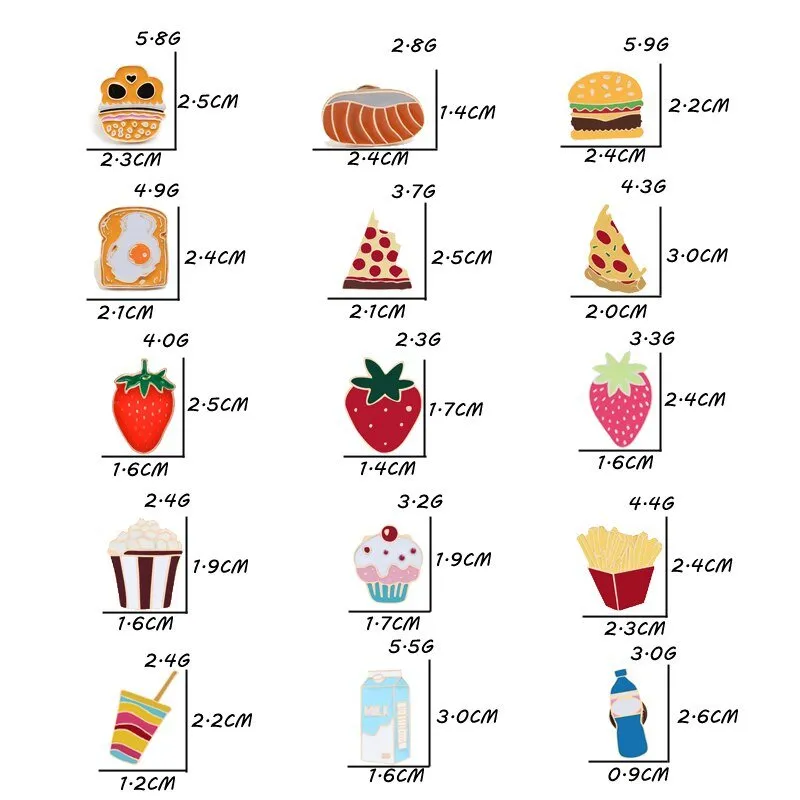 Cartoon Food Enamel Pins: Egg, Hamburger, Fries, Strawberry Cake