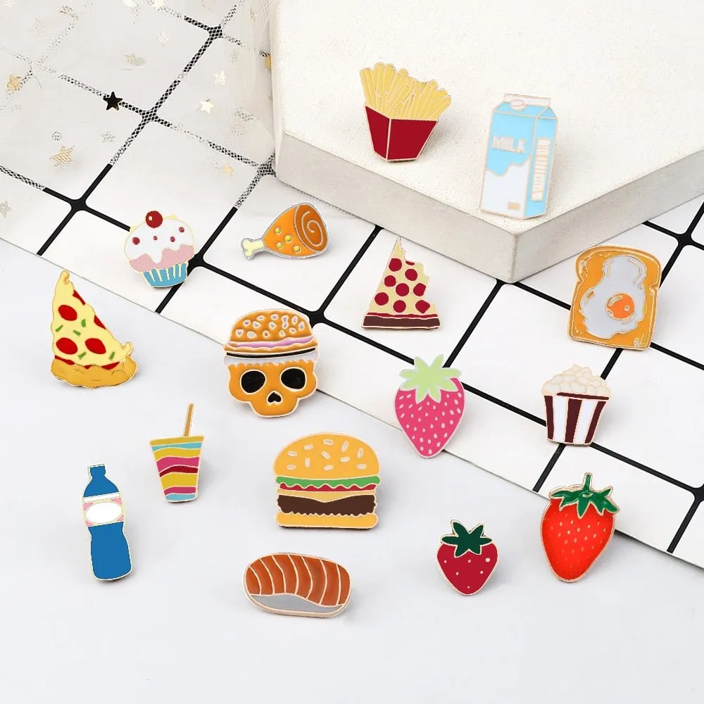Cartoon Food Enamel Pins: Egg, Hamburger, Fries, Strawberry Cake