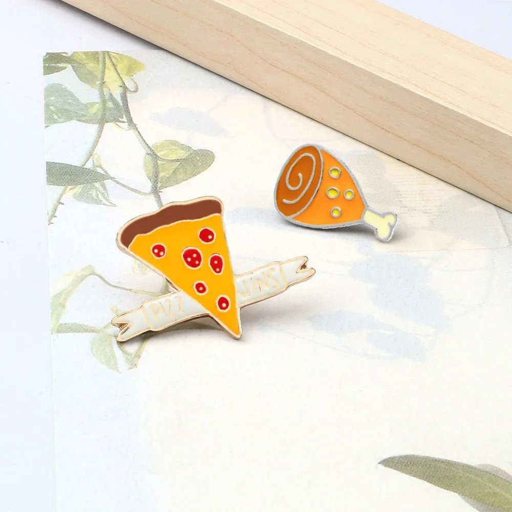 Cartoon Food Enamel Pins: Egg, Hamburger, Fries, Strawberry Cake