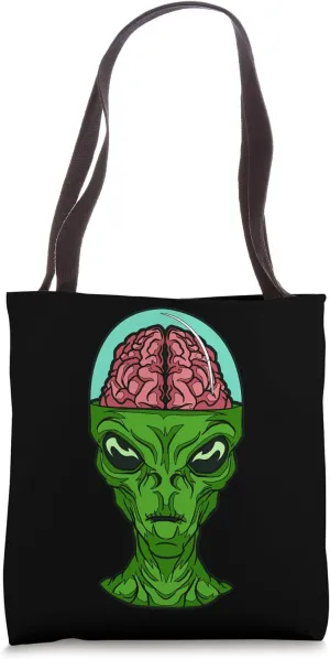 Cartoon Green Alien Character With Brain For Adults Tote Bag