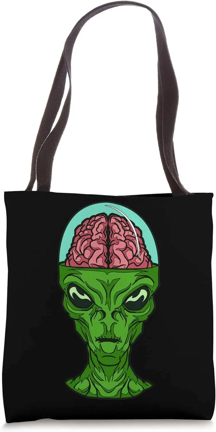 Cartoon Green Alien Character With Brain For Adults Tote Bag