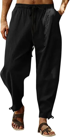 Casual Cotton Linen Pants for Men 2025 Summer Beach Elastic Drawstring Waist Yoga Pants Travel Baggy Work Trousers