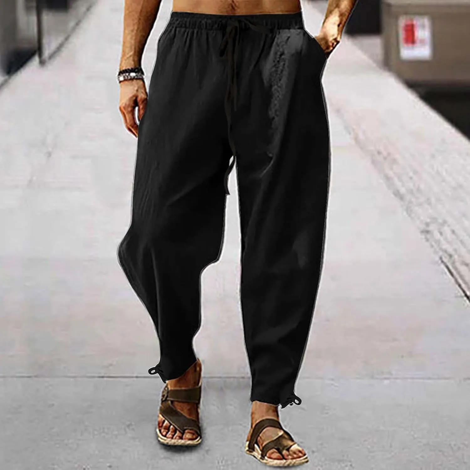 Casual Cotton Linen Pants for Men 2025 Summer Beach Elastic Drawstring Waist Yoga Pants Travel Baggy Work Trousers