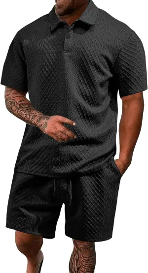 Casual Polo Tracksuit for Mens 2 Piece Jacquard Plaid Lapel Button Tunic Shirts Athletic Shorts Business Sport Sets