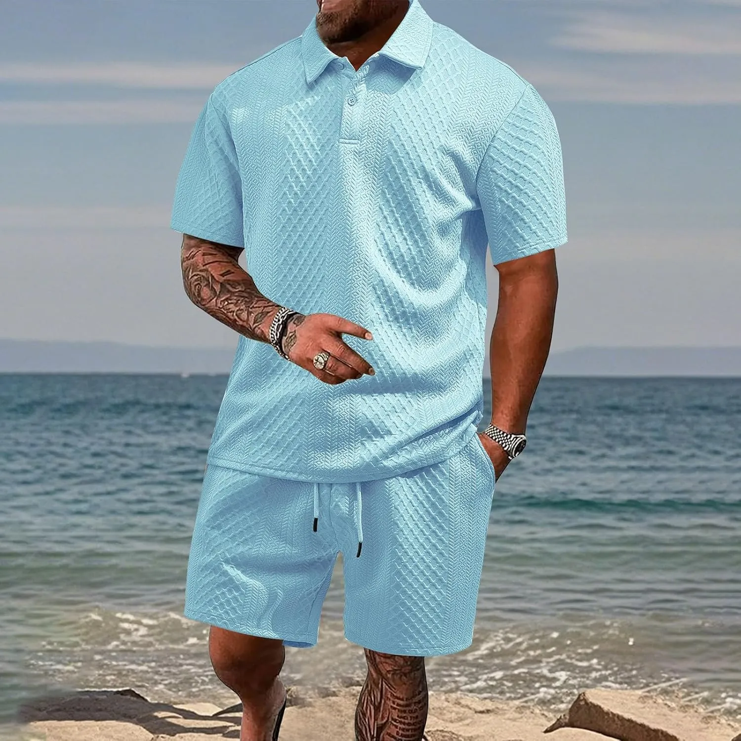 Casual Polo Tracksuit for Mens 2 Piece Jacquard Plaid Lapel Button Tunic Shirts Athletic Shorts Business Sport Sets