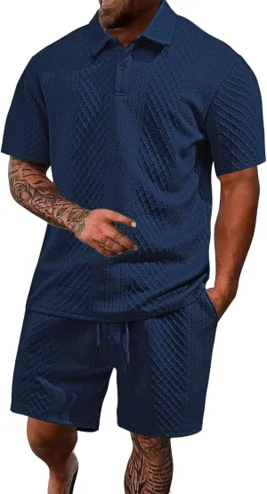 Casual Polo Tracksuit for Mens 2 Piece Jacquard Plaid Lapel Button Tunic Shirts Athletic Shorts Business Sport Sets