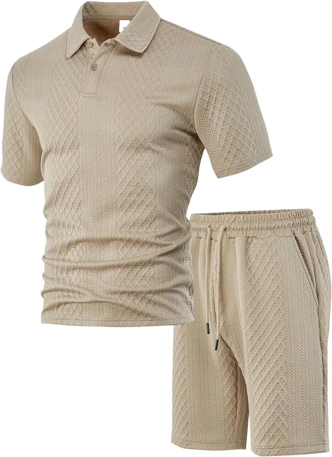 Casual Polo Tracksuit for Mens 2 Piece Jacquard Plaid Lapel Button Tunic Shirts Athletic Shorts Business Sport Sets