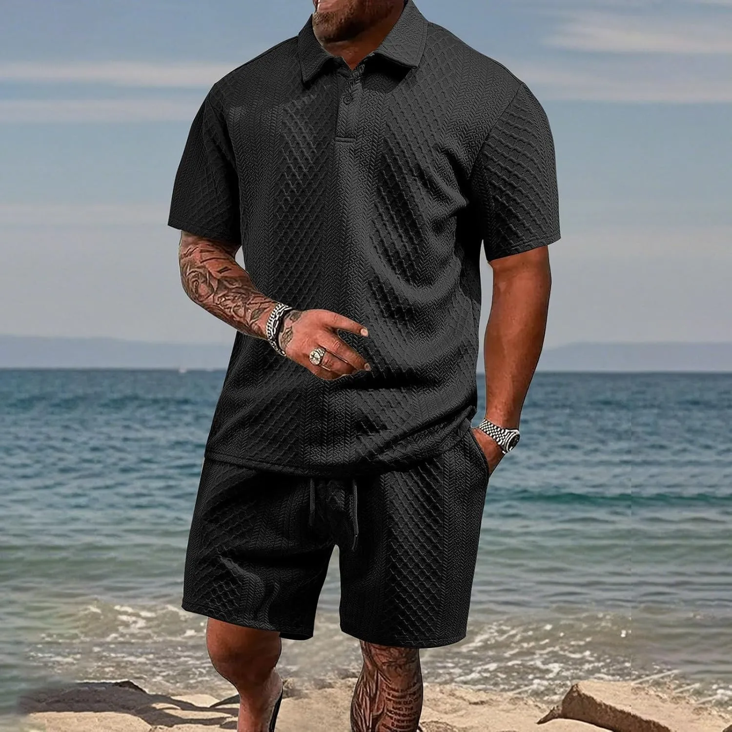 Casual Polo Tracksuit for Mens 2 Piece Jacquard Plaid Lapel Button Tunic Shirts Athletic Shorts Business Sport Sets
