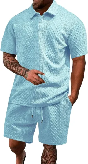 Casual Polo Tracksuit for Mens 2 Piece Jacquard Plaid Lapel Button Tunic Shirts Athletic Shorts Business Sport Sets