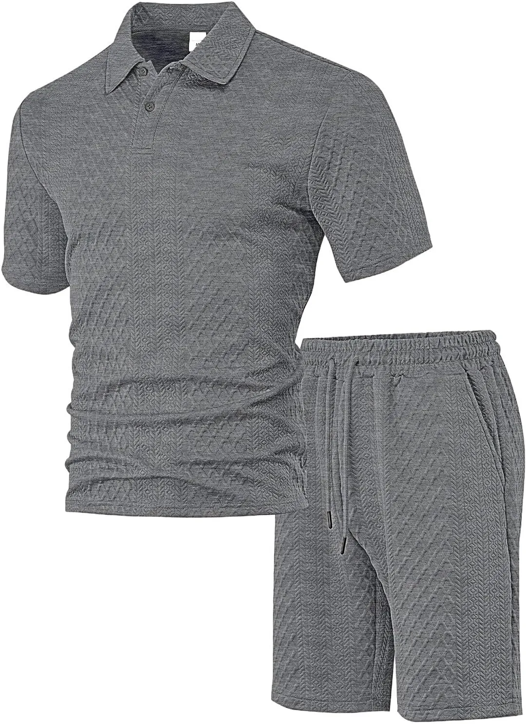 Casual Polo Tracksuit for Mens 2 Piece Jacquard Plaid Lapel Button Tunic Shirts Athletic Shorts Business Sport Sets