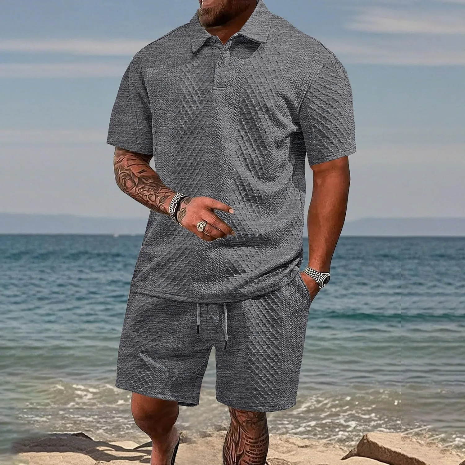 Casual Polo Tracksuit for Mens 2 Piece Jacquard Plaid Lapel Button Tunic Shirts Athletic Shorts Business Sport Sets