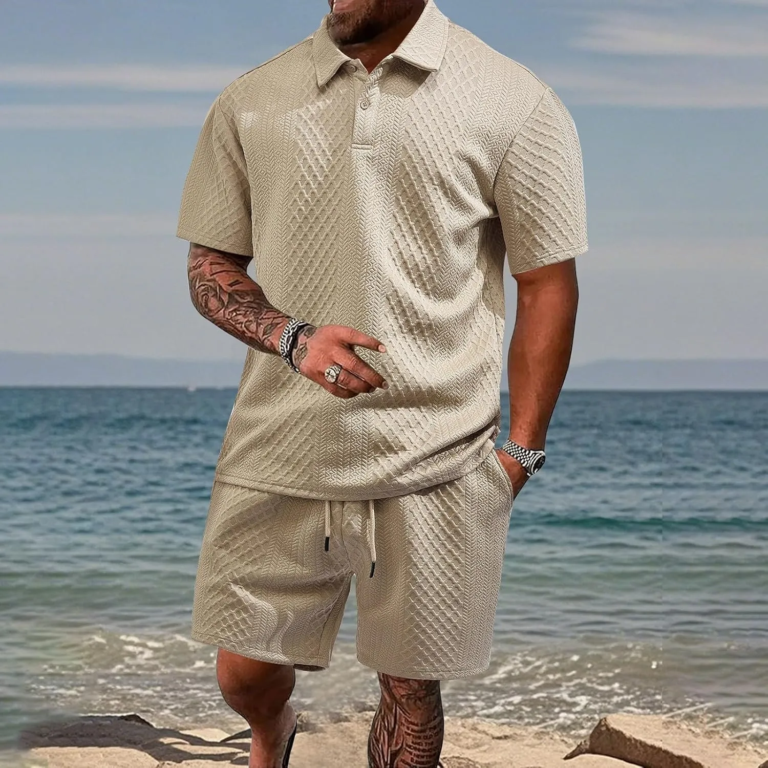 Casual Polo Tracksuit for Mens 2 Piece Jacquard Plaid Lapel Button Tunic Shirts Athletic Shorts Business Sport Sets