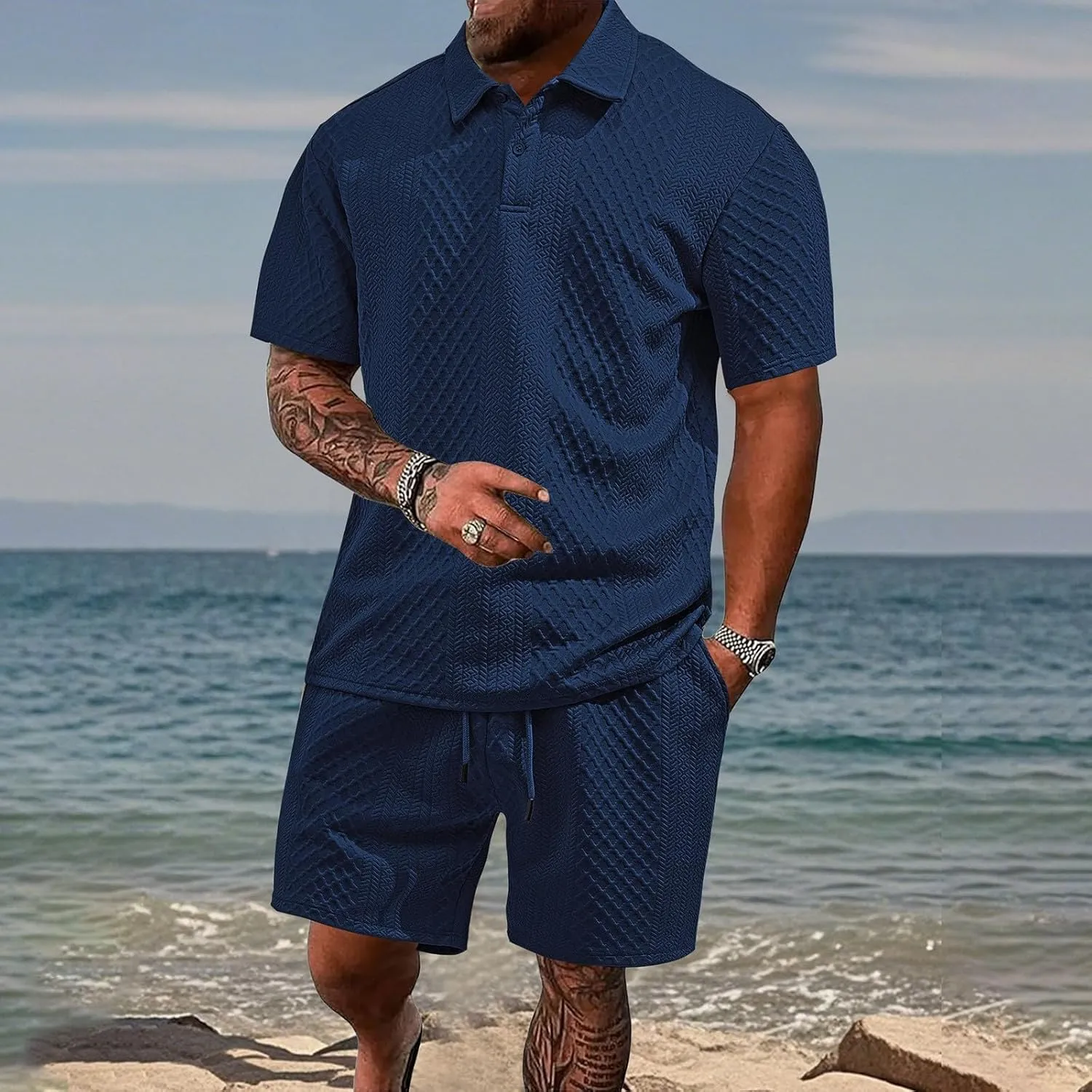 Casual Polo Tracksuit for Mens 2 Piece Jacquard Plaid Lapel Button Tunic Shirts Athletic Shorts Business Sport Sets