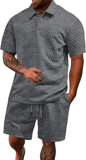 Casual Polo Tracksuit for Mens 2 Piece Jacquard Plaid Lapel Button Tunic Shirts Athletic Shorts Business Sport Sets