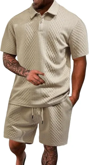 Casual Polo Tracksuit for Mens 2 Piece Jacquard Plaid Lapel Button Tunic Shirts Athletic Shorts Business Sport Sets