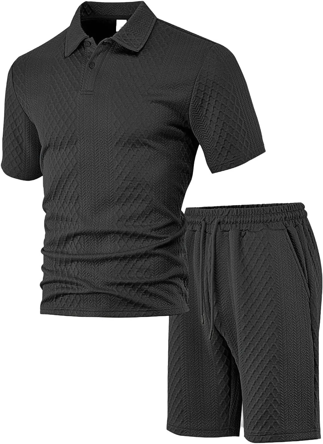 Casual Polo Tracksuit for Mens 2 Piece Jacquard Plaid Lapel Button Tunic Shirts Athletic Shorts Business Sport Sets