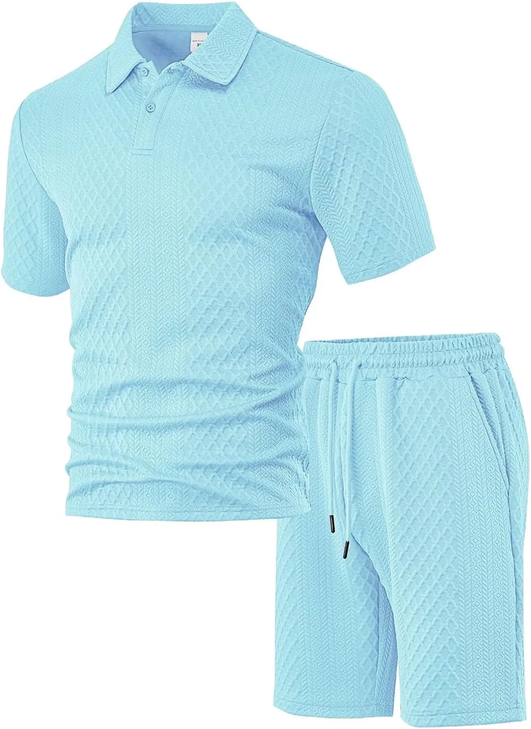 Casual Polo Tracksuit for Mens 2 Piece Jacquard Plaid Lapel Button Tunic Shirts Athletic Shorts Business Sport Sets