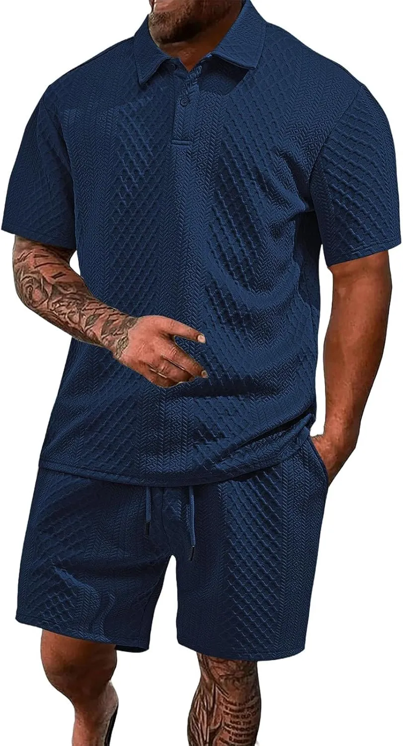 Casual Polo Tracksuit for Mens 2 Piece Jacquard Plaid Lapel Button Tunic Shirts Athletic Shorts Business Sport Sets