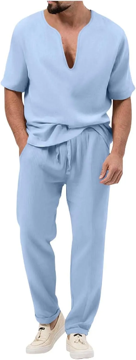 Casual Set for Mens 2 Piece Crew Neck Deep V Short Sleeve Tshirts Drawstring Pants Loose Cool Hiking Active Outfits
