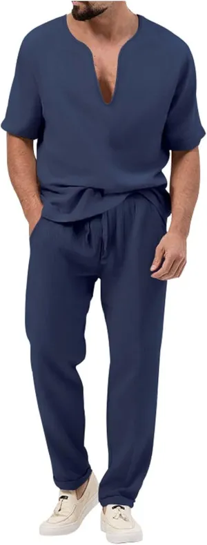 Casual Set for Mens 2 Piece Crew Neck Deep V Short Sleeve Tshirts Drawstring Pants Loose Cool Hiking Active Outfits