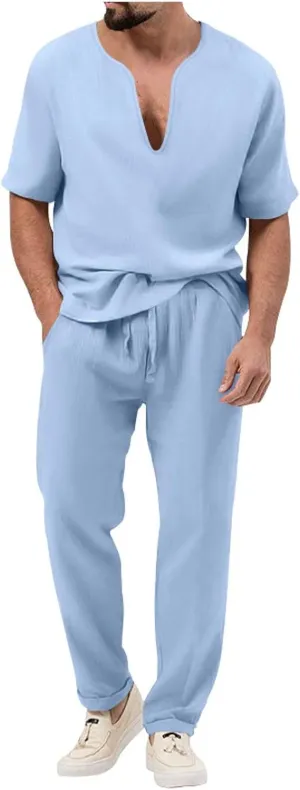 Casual Set for Mens 2 Piece Crew Neck Deep V Short Sleeve Tshirts Drawstring Pants Loose Cool Hiking Active Outfits