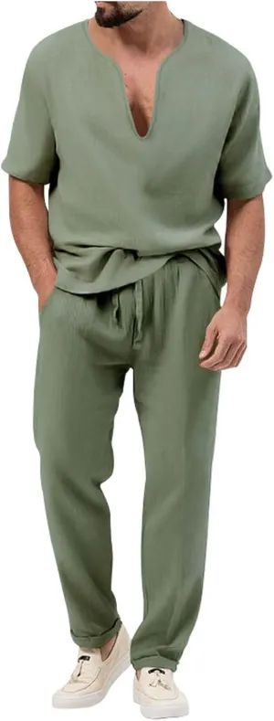 Casual Set for Mens 2 Piece Crew Neck Deep V Short Sleeve Tshirts Drawstring Pants Loose Cool Hiking Active Outfits