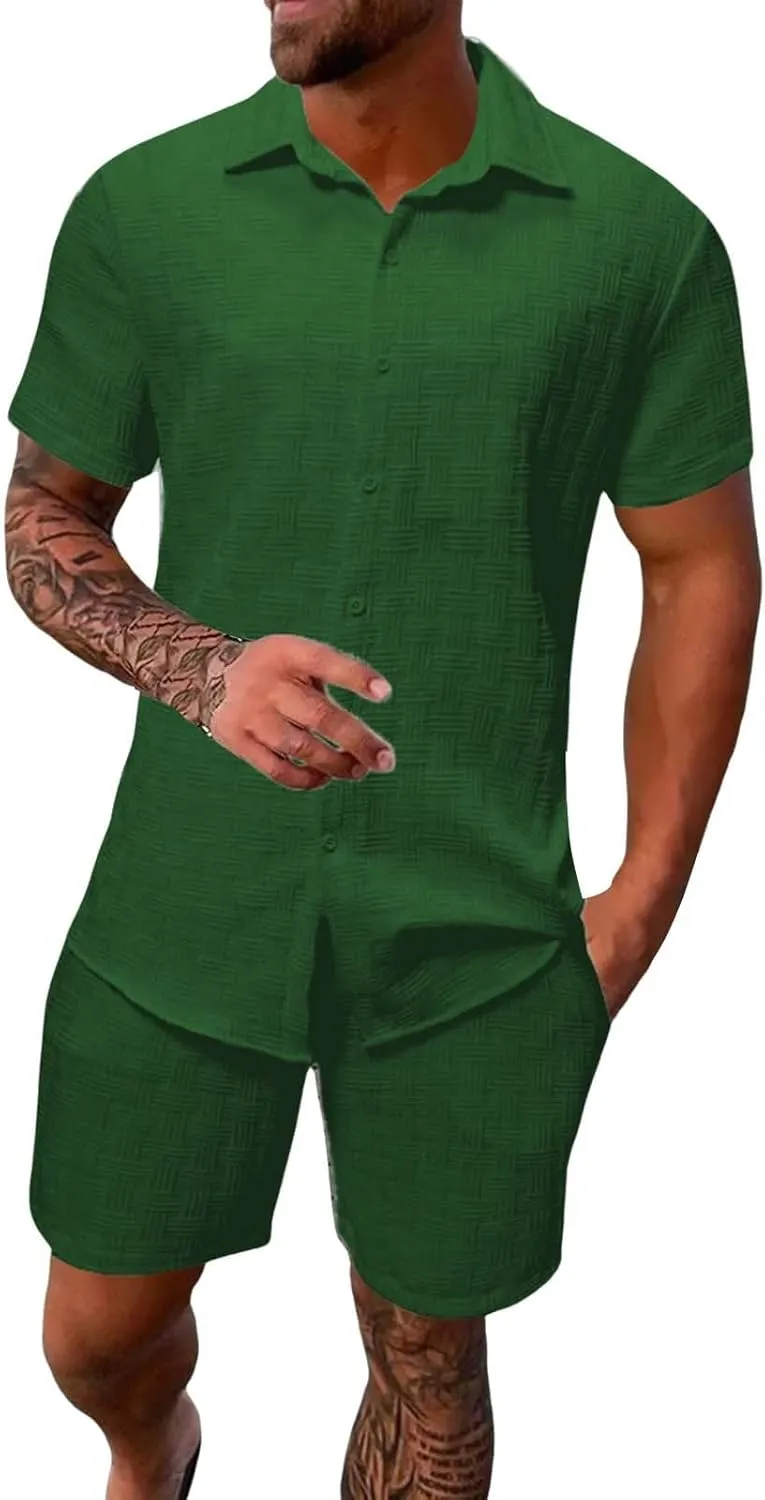 Casual Set for Mens 2 Piece Jacquard Texture Stand Collar Button Down Short Sleeve Shirts Shorts Beach Hippie Clothes