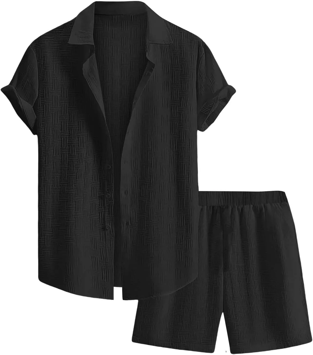 Casual Set for Mens 2 Piece Jacquard Texture Stand Collar Button Down Short Sleeve Shirts Shorts Beach Hippie Clothes