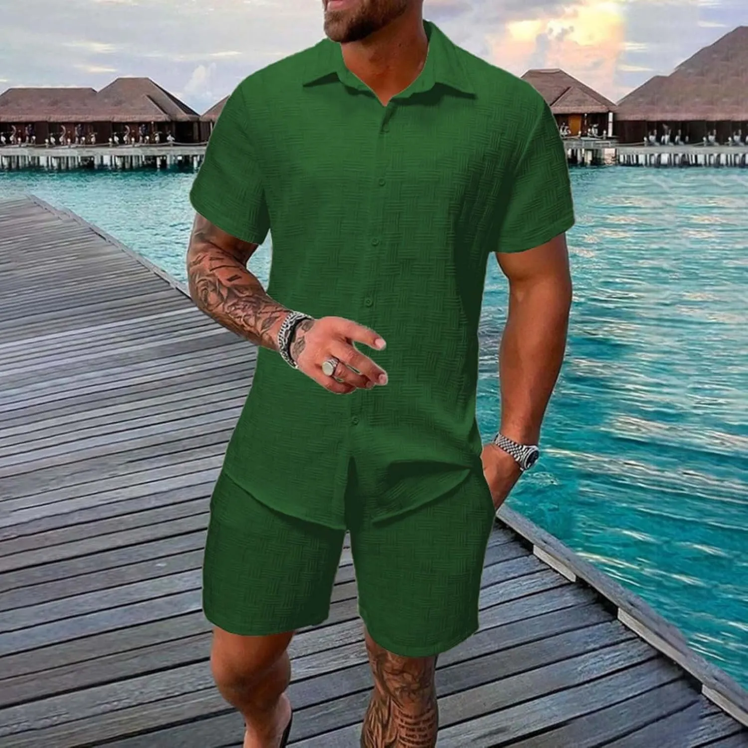 Casual Set for Mens 2 Piece Jacquard Texture Stand Collar Button Down Short Sleeve Shirts Shorts Beach Hippie Clothes