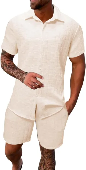 Casual Set for Mens 2 Piece Jacquard Texture Stand Collar Button Down Short Sleeve Shirts Shorts Beach Hippie Clothes
