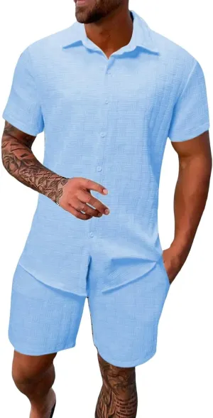 Casual Set for Mens 2 Piece Jacquard Texture Stand Collar Button Down Short Sleeve Shirts Shorts Beach Hippie Clothes
