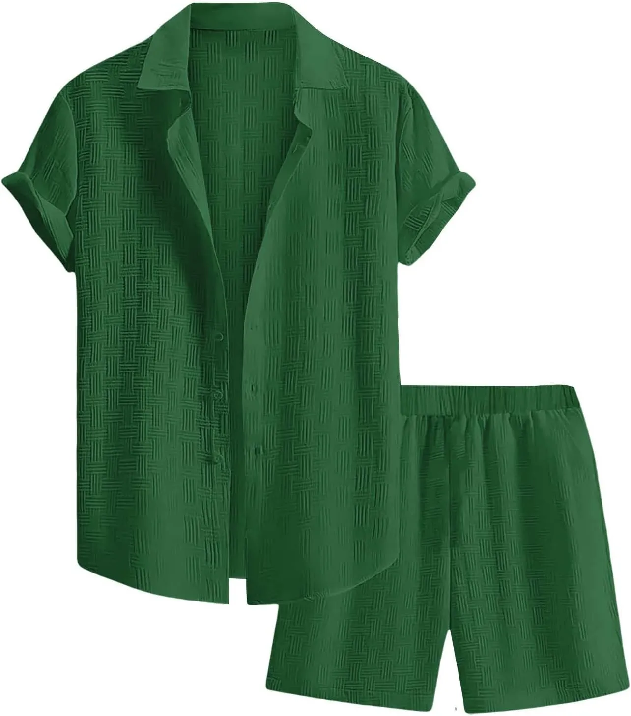Casual Set for Mens 2 Piece Jacquard Texture Stand Collar Button Down Short Sleeve Shirts Shorts Beach Hippie Clothes
