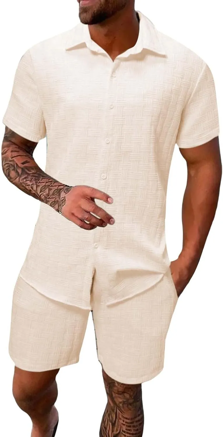 Casual Set for Mens 2 Piece Jacquard Texture Stand Collar Button Down Short Sleeve Shirts Shorts Beach Hippie Clothes