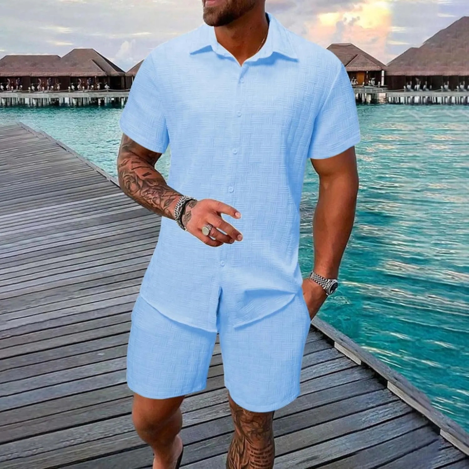 Casual Set for Mens 2 Piece Jacquard Texture Stand Collar Button Down Short Sleeve Shirts Shorts Beach Hippie Clothes