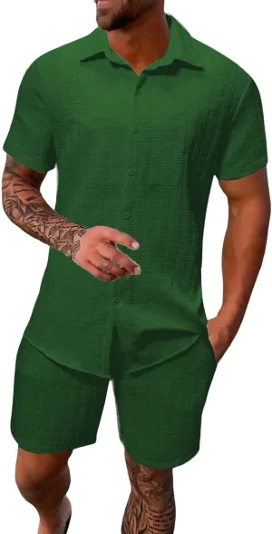 Casual Set for Mens 2 Piece Jacquard Texture Stand Collar Button Down Short Sleeve Shirts Shorts Beach Hippie Clothes
