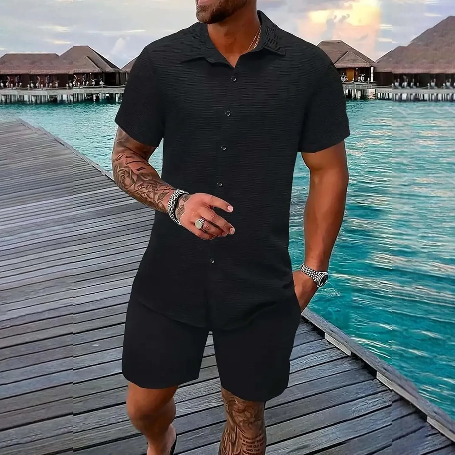 Casual Set for Mens 2 Piece Jacquard Texture Stand Collar Button Down Short Sleeve Shirts Shorts Beach Hippie Clothes