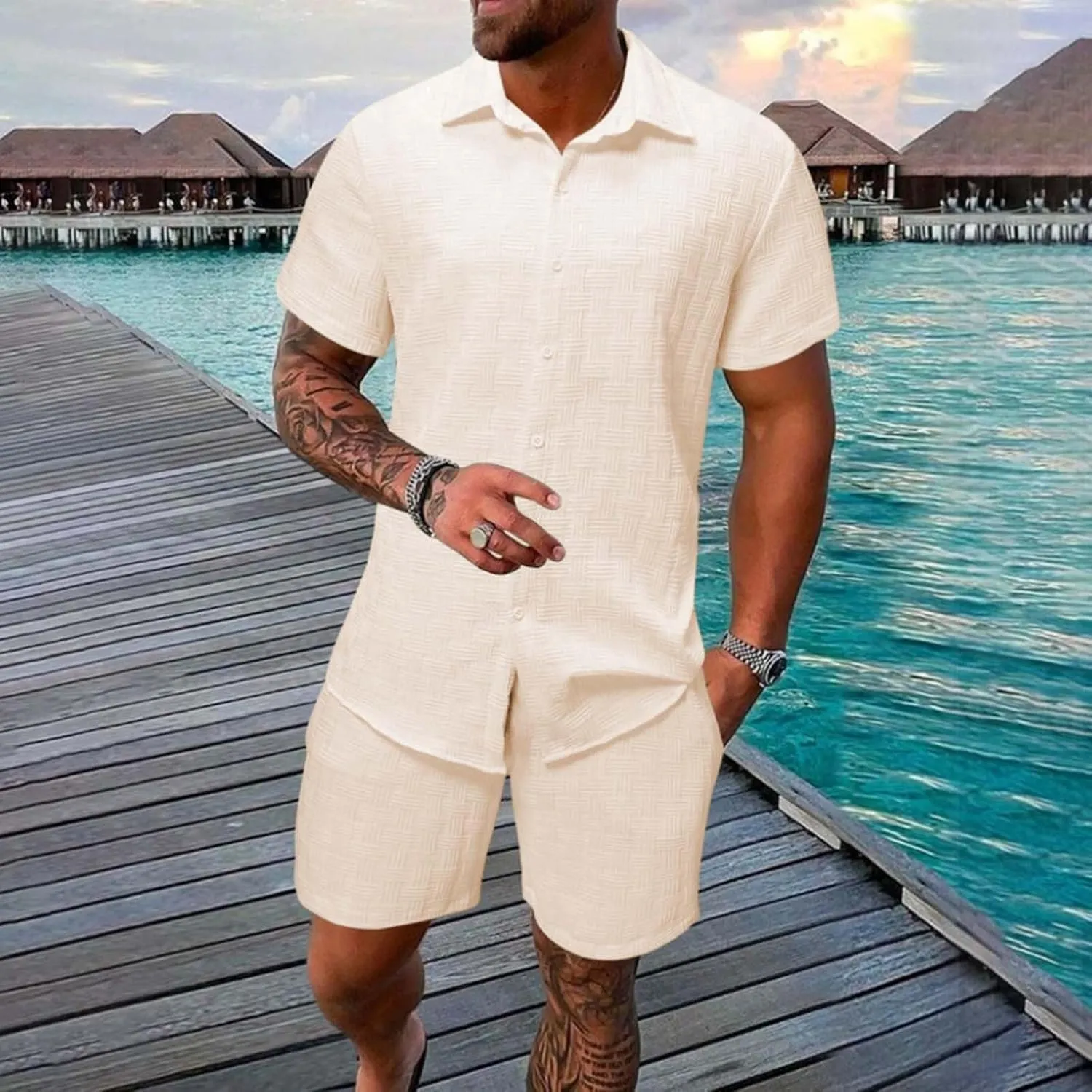 Casual Set for Mens 2 Piece Jacquard Texture Stand Collar Button Down Short Sleeve Shirts Shorts Beach Hippie Clothes
