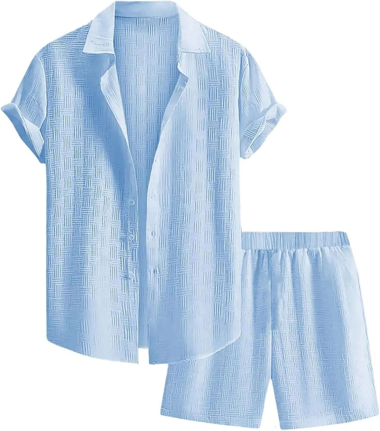 Casual Set for Mens 2 Piece Jacquard Texture Stand Collar Button Down Short Sleeve Shirts Shorts Beach Hippie Clothes