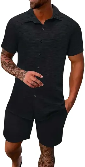 Casual Set for Mens 2 Piece Jacquard Texture Stand Collar Button Down Short Sleeve Shirts Shorts Beach Hippie Clothes