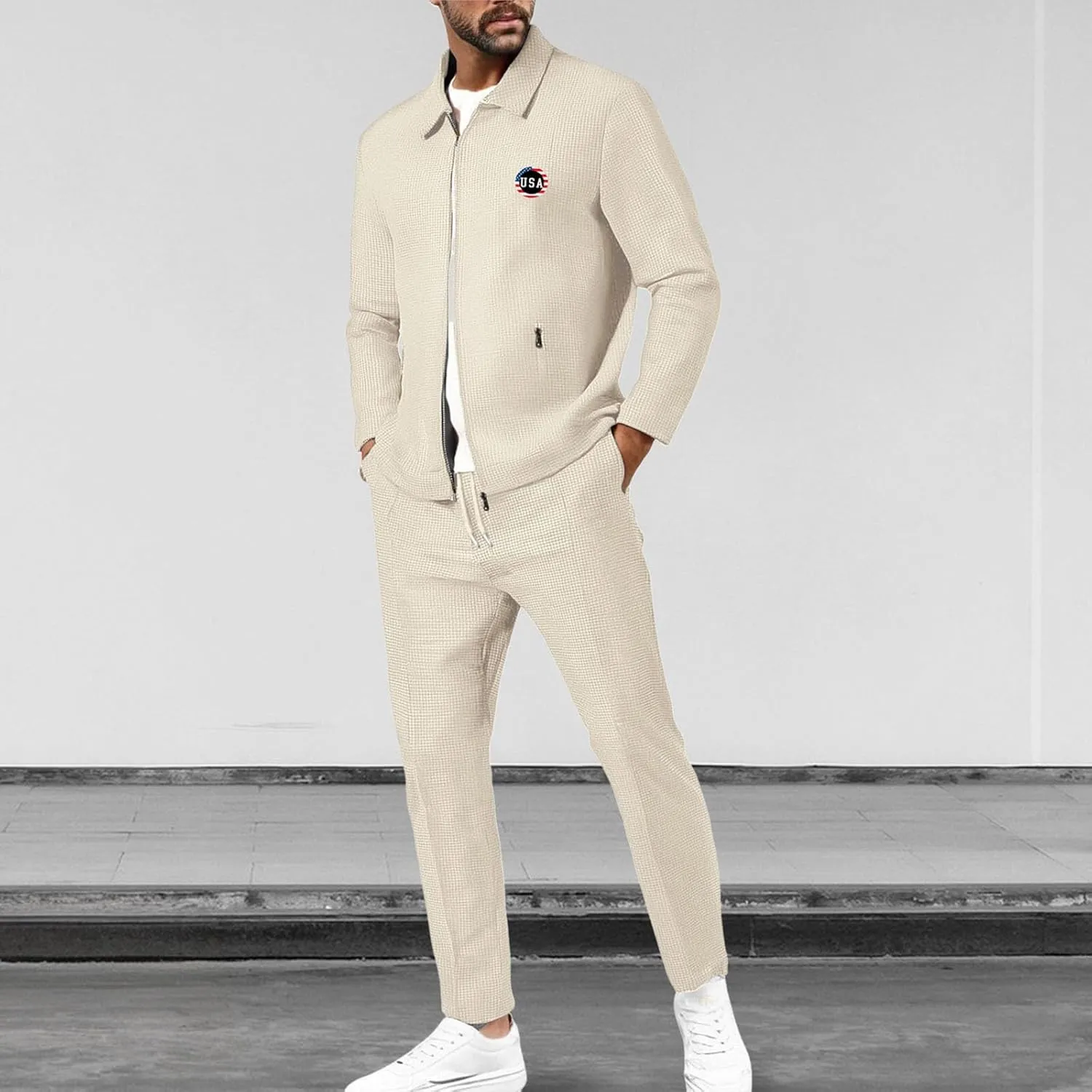 Casual Set for Mens Waffle Chest Graphic Lapel Zipper Long Sleeve Jackets Drawstring Pants 2025 Summer Outing Clothes