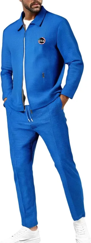 Casual Set for Mens Waffle Chest Graphic Lapel Zipper Long Sleeve Jackets Drawstring Pants 2025 Summer Outing Clothes