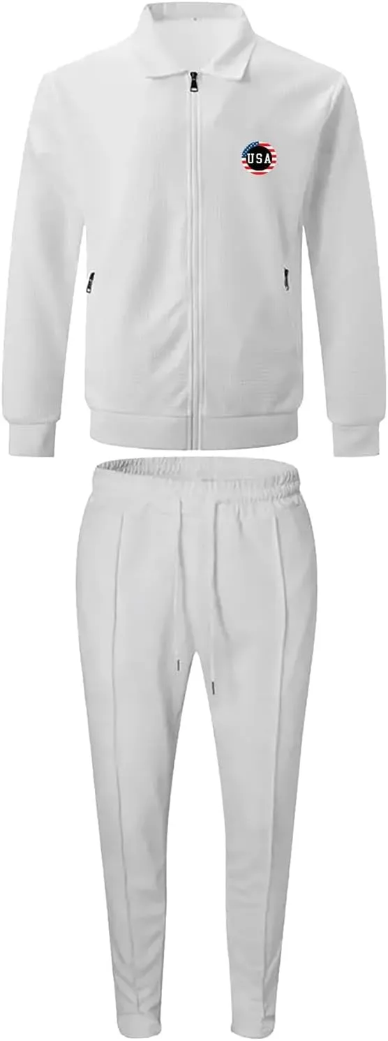 Casual Set for Mens Waffle Chest Graphic Lapel Zipper Long Sleeve Jackets Drawstring Pants 2025 Summer Outing Clothes