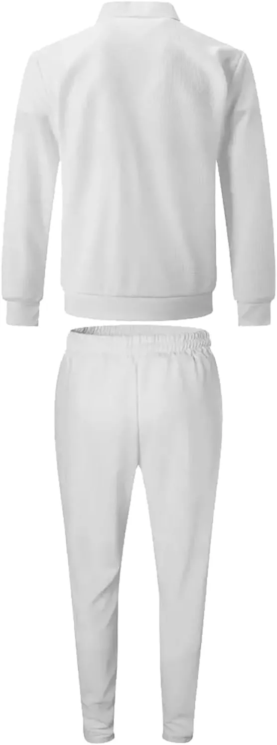 Casual Set for Mens Waffle Chest Graphic Lapel Zipper Long Sleeve Jackets Drawstring Pants 2025 Summer Outing Clothes