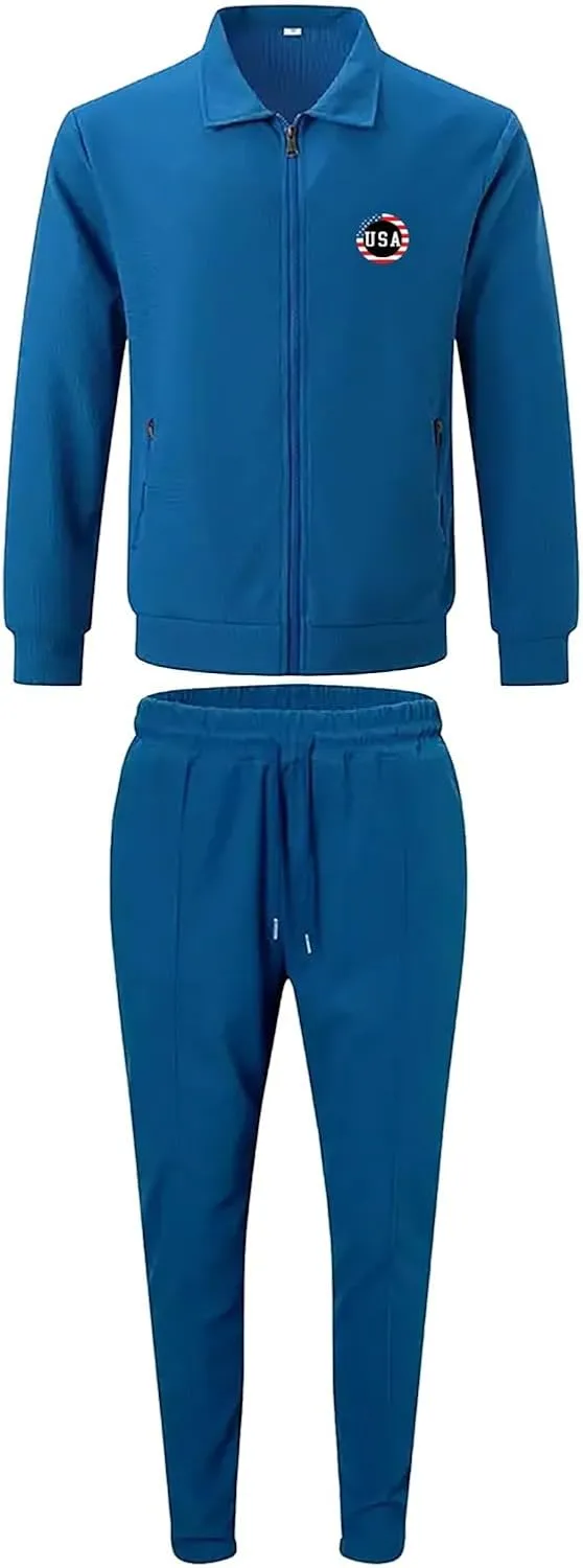 Casual Set for Mens Waffle Chest Graphic Lapel Zipper Long Sleeve Jackets Drawstring Pants 2025 Summer Outing Clothes