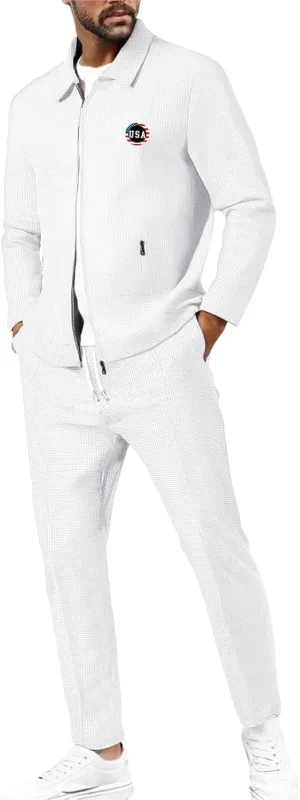 Casual Set for Mens Waffle Chest Graphic Lapel Zipper Long Sleeve Jackets Drawstring Pants 2025 Summer Outing Clothes