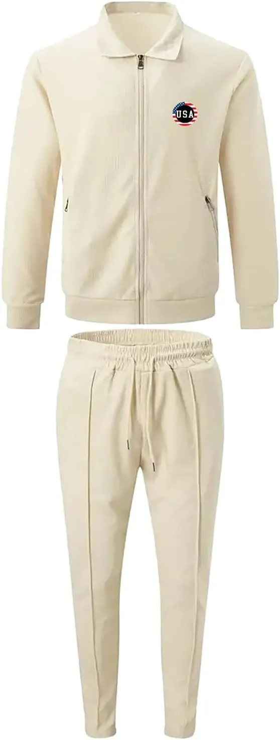 Casual Set for Mens Waffle Chest Graphic Lapel Zipper Long Sleeve Jackets Drawstring Pants 2025 Summer Outing Clothes
