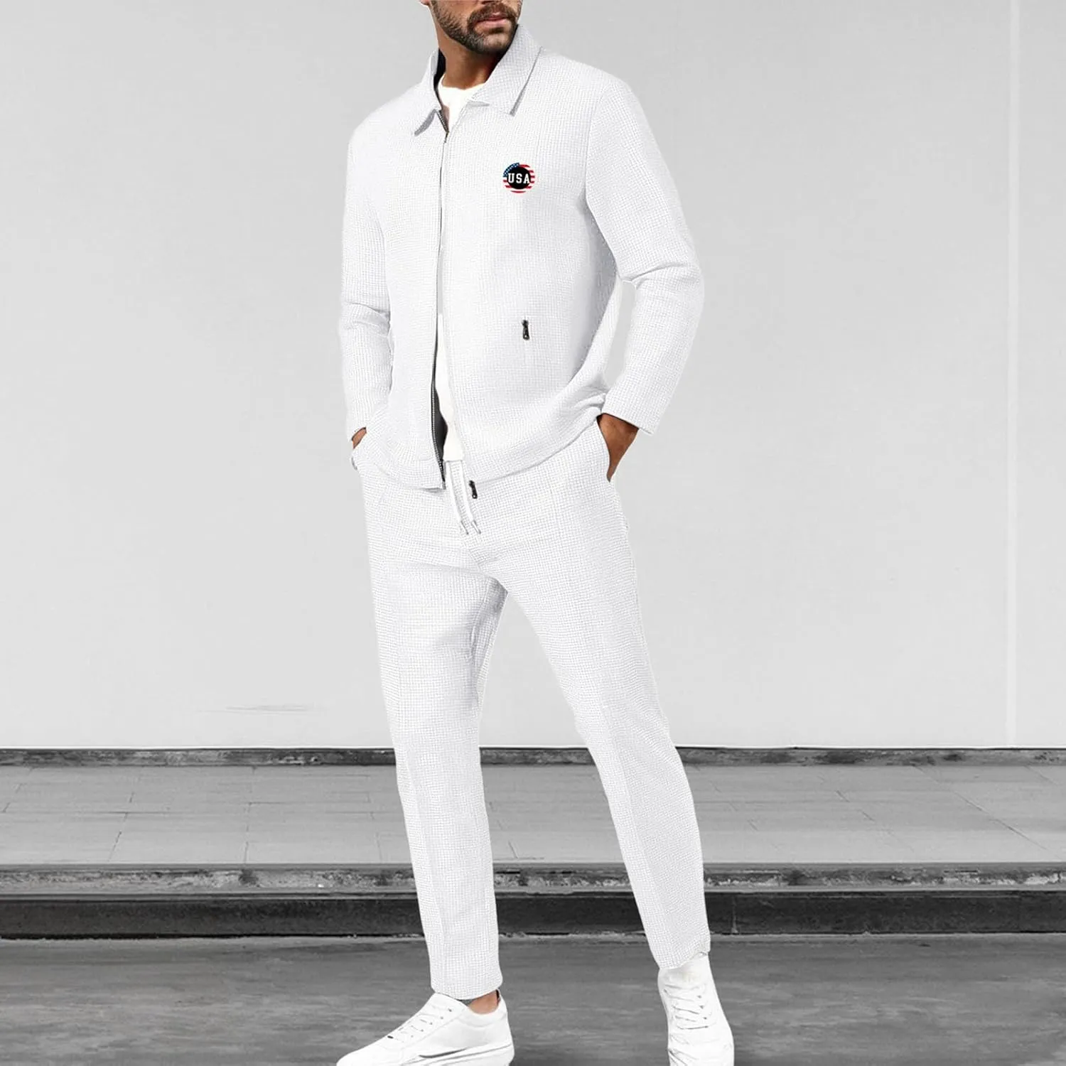 Casual Set for Mens Waffle Chest Graphic Lapel Zipper Long Sleeve Jackets Drawstring Pants 2025 Summer Outing Clothes