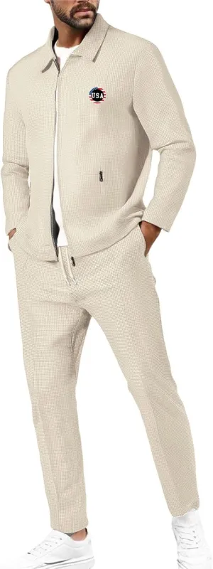 Casual Set for Mens Waffle Chest Graphic Lapel Zipper Long Sleeve Jackets Drawstring Pants 2025 Summer Outing Clothes