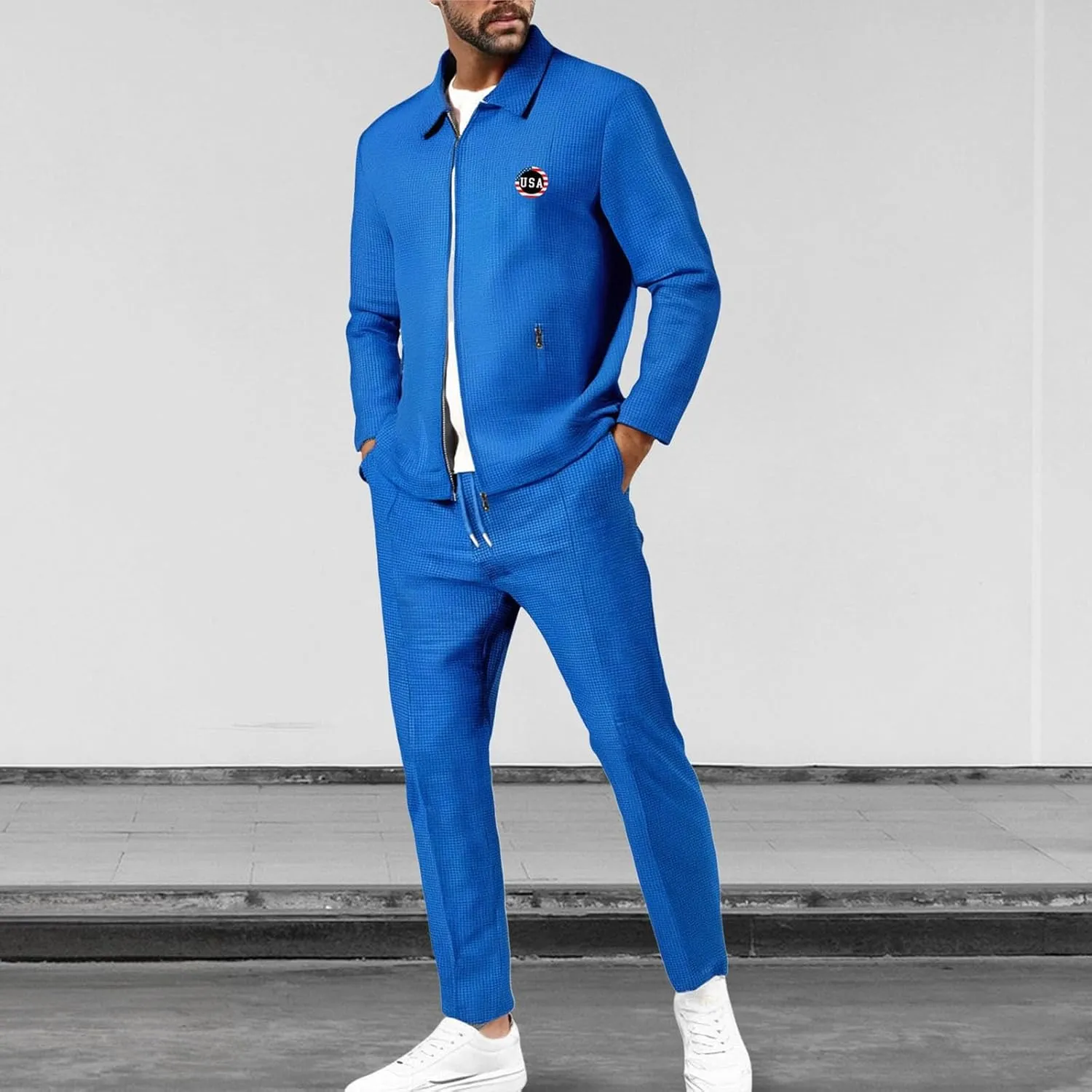 Casual Set for Mens Waffle Chest Graphic Lapel Zipper Long Sleeve Jackets Drawstring Pants 2025 Summer Outing Clothes