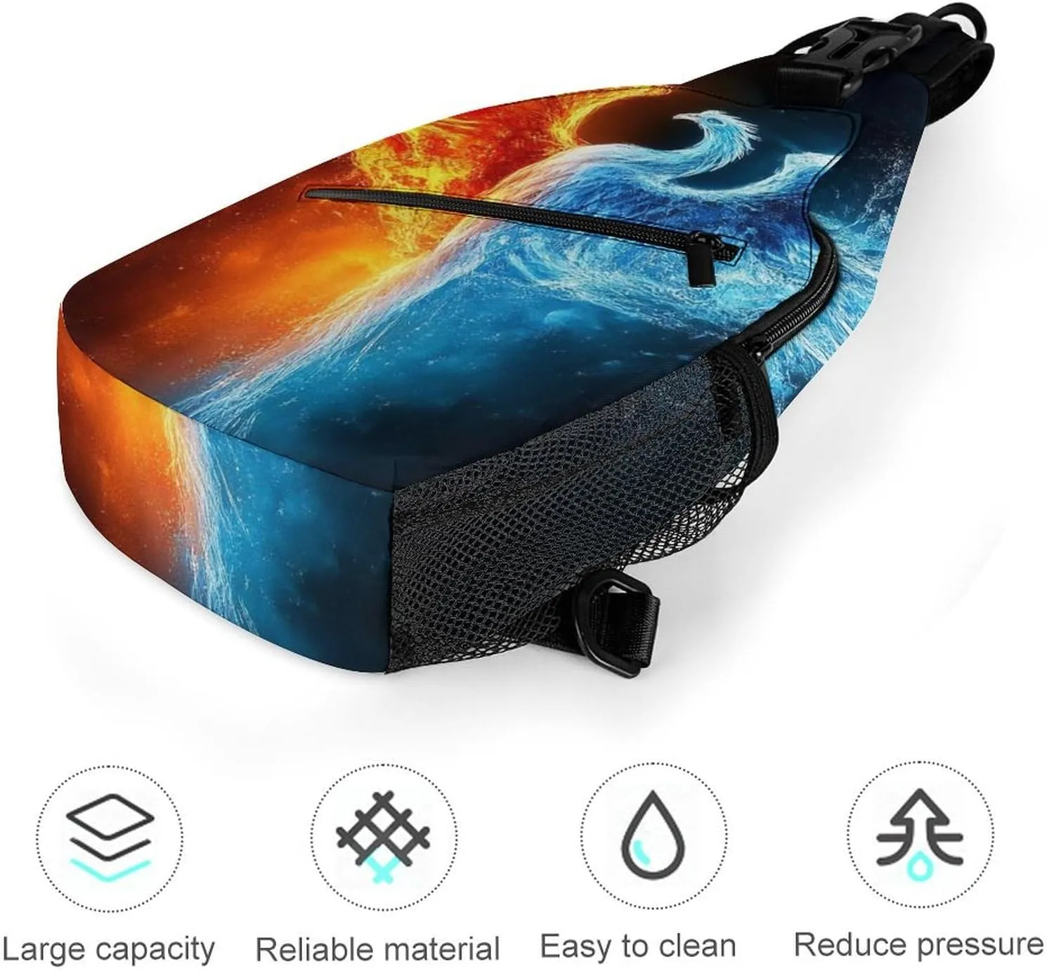 Casual Sling Bag for Men Women, Large Capacity Crossbody Bag Ice Water Fire Flame Bird Art Gym Shoulder Bag Travel Daypacks with Adjustable Strap